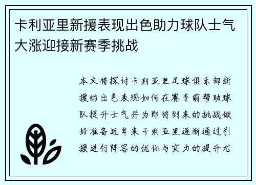卡利亚里新援表现出色助力球队士气大涨迎接新赛季挑战
