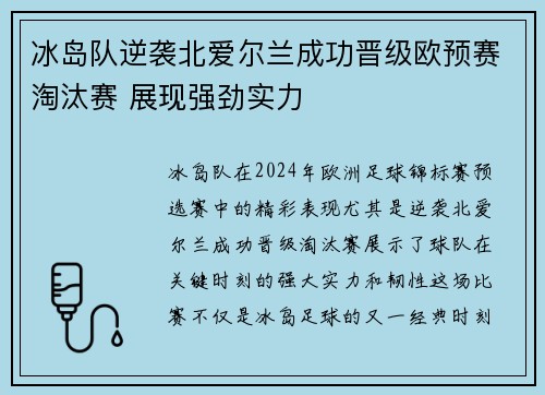 冰岛队逆袭北爱尔兰成功晋级欧预赛淘汰赛 展现强劲实力