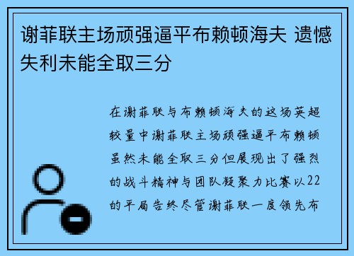 谢菲联主场顽强逼平布赖顿海夫 遗憾失利未能全取三分