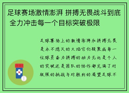 足球赛场激情澎湃 拼搏无畏战斗到底 全力冲击每一个目标突破极限