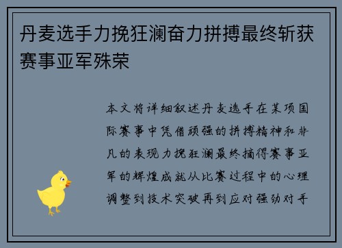 丹麦选手力挽狂澜奋力拼搏最终斩获赛事亚军殊荣