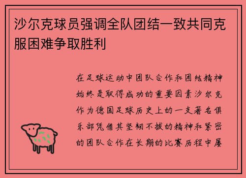 沙尔克球员强调全队团结一致共同克服困难争取胜利