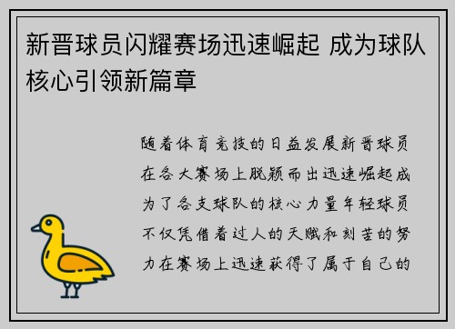 新晋球员闪耀赛场迅速崛起 成为球队核心引领新篇章