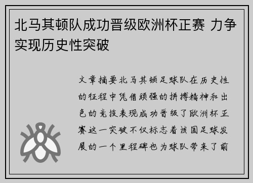 北马其顿队成功晋级欧洲杯正赛 力争实现历史性突破