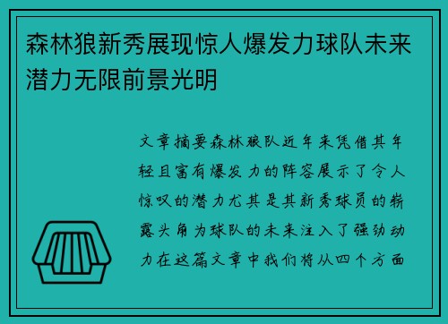 森林狼新秀展现惊人爆发力球队未来潜力无限前景光明