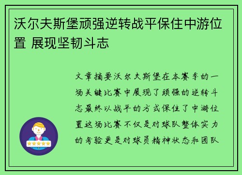 沃尔夫斯堡顽强逆转战平保住中游位置 展现坚韧斗志