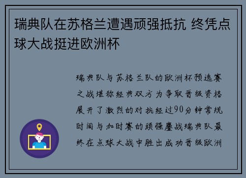 瑞典队在苏格兰遭遇顽强抵抗 终凭点球大战挺进欧洲杯