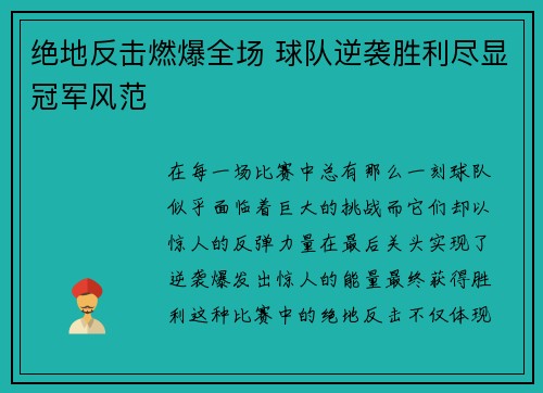 绝地反击燃爆全场 球队逆袭胜利尽显冠军风范
