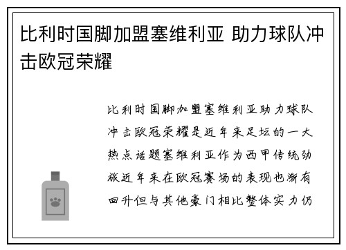 比利时国脚加盟塞维利亚 助力球队冲击欧冠荣耀