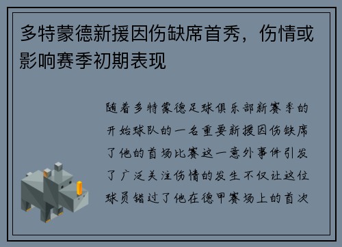 多特蒙德新援因伤缺席首秀，伤情或影响赛季初期表现